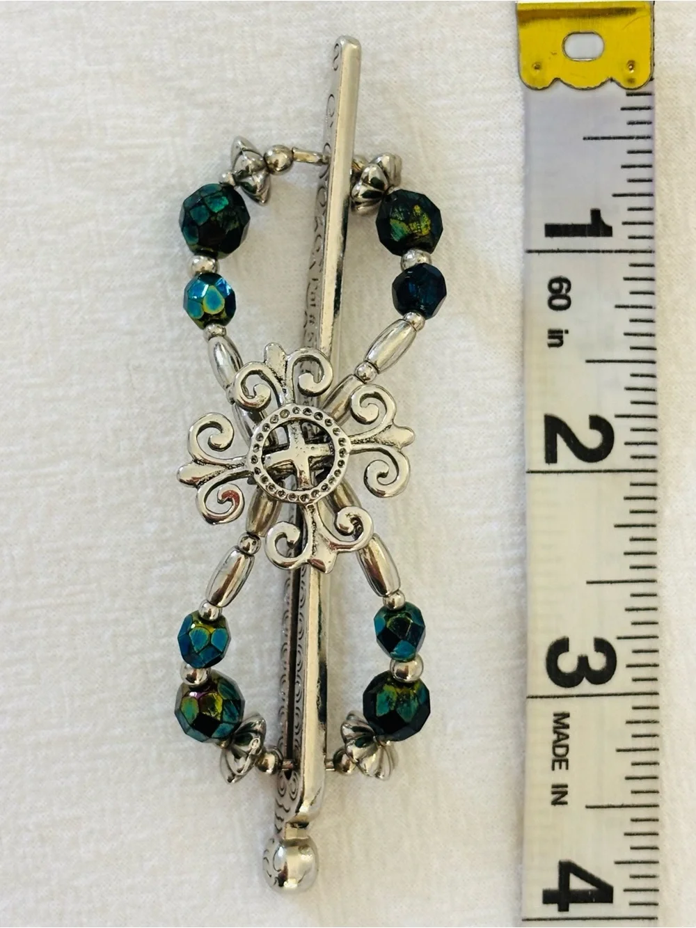 Lilla Rose Silver Teal Green Beaded Celtic Filigree Flexi Clip Hair Slide